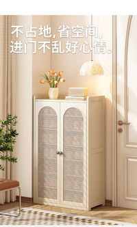 鞋柜小窄家用门口收纳柜2025新款中古奶油风入户门外简约藤编鞋架 奶油白丨双门6层 【加深33cm 可放男士大码鞋】