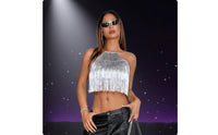 Halter Crop Shirt Glittery Embellished Crop Shirt Sparkling for Women, Festivals, Night Venues, Parties