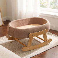 Elevated Cat Bed Rocker Lounger, Wood Frame Oval Basket for Indoor Cats, Universal Season Breathable Silicone Mat for Sleeping and Playing Use