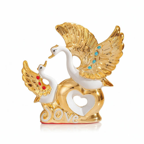Couple Swan Statue with Golden Heart Graceful for Wedding