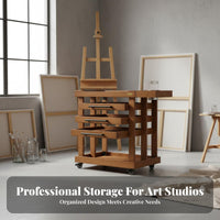1 Piece Wooden Art Cart Utility Cart Painting Workstation Locking Casters Solid Wood Construction Spacious Storage Suitable for Artists Painters Classroom Workshop Home Studio Gallery