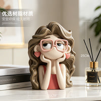 Glasses Girl Decorative Figurine for Desk, Nightstand, Office