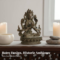 2 Pieces Manjushri and Guanyin Figurines Intricate Intricacies Green Patina Bodhisattva Statues Tibetan Bronze Statue Set
