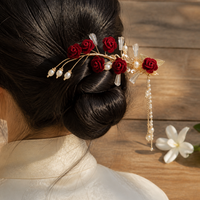 Red Rose Hairpin Tassel Side Clip for Cheongsam Hanfu Daily Wear