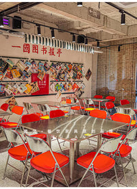 港式茶餐厅桌椅餐饮麻辣烫快餐店市井风大排档烧烤店不锈钢桌商用 不锈钢折叠椅【橙色】加厚款 官方标配