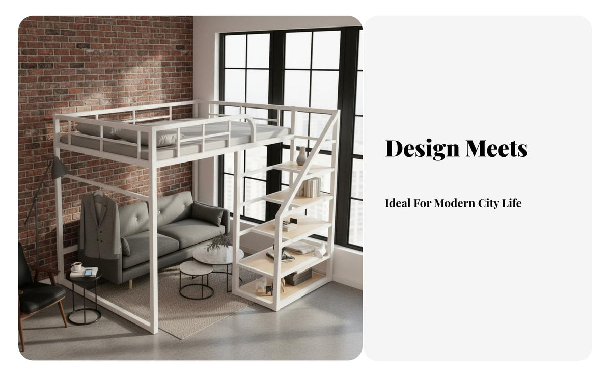 Iron Frame Attic Bed Space-Saving Metal Loft Bed with Stairs Multi-Functional Bedroom Furniture for Students, Teens, Apartments, Dorm Room, Study Area