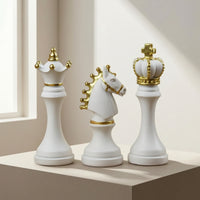 3 Pieces Gold-Trimmed King Chess Piece Matte Chess Figurines Sculptural Decorative for Collectors, Desk, Office, Classroom