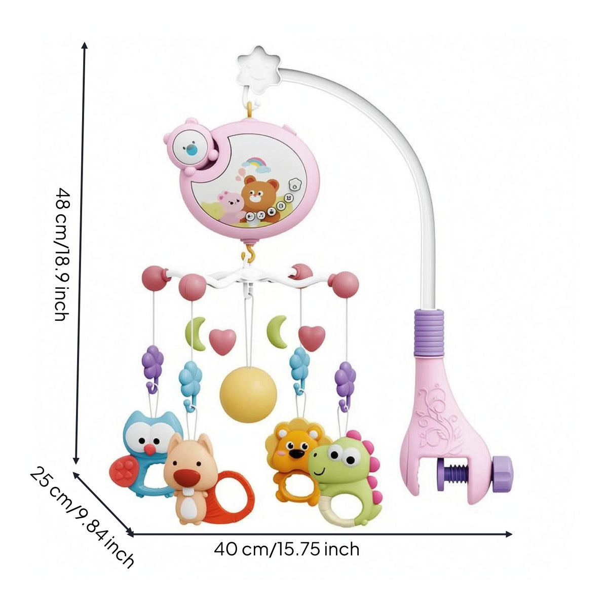 Clamp Mount Musical Crib Mobile Curved Stand Music Crib Mobile Battery Powered Rotating Hanging Toy Soft Light for Babies, Newborns, Nursery