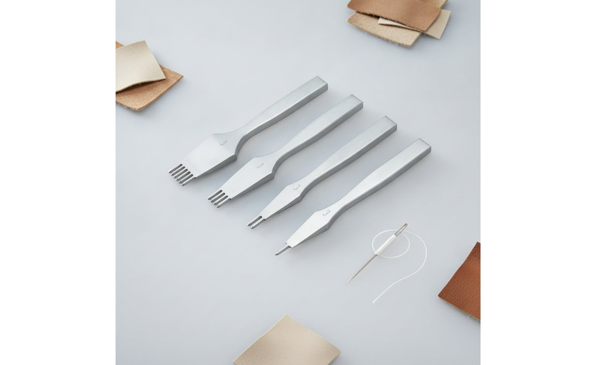 4 Pieces White Steel Leather Pricking Iron Set Sharp Diamond Stitching Punch Set Polished Leather Stitching Punch Multiple Sizes for Leathercrafters, Artisans, Hobbyists, Leathercrafting