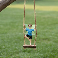 Swinging Boy Fairy Figurine Weather Resistant Resin Boy Fairy on a Swing Handcrafted Look Glow in the Dark Ornament for Gardeners, Balcony