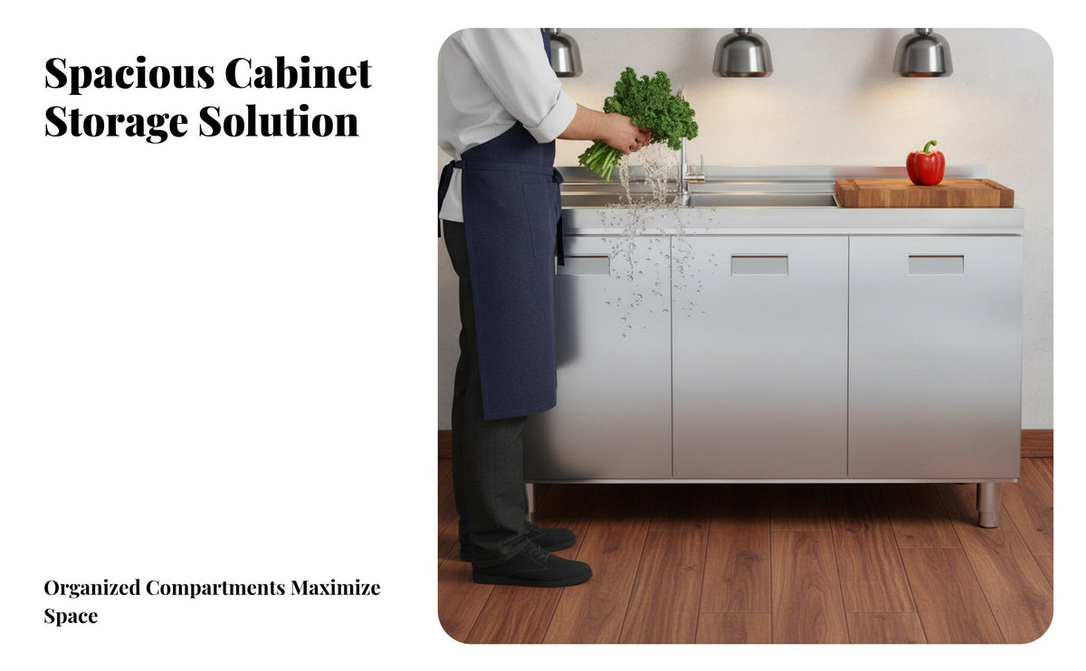 Waterproof Stainless Steel Kitchen Cabinet Easy to Clean Freestanding Kitchen Base Unit Rust-Resistant 2-Door Storage Cabinet Metal Legs Food-Grade Material for Homeowners, Interior Design Enthusiasts, Dining Room, Restaurant, Hallway, Entryway