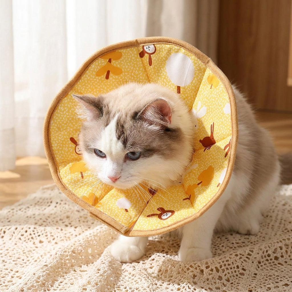 Padded Cat Cone and Dog Cone with Cartoon Pattern, Nylon Material Padded Cone for Kitten, Stop Licking for Post-Surgery Pet Recovery Care
