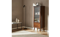 Display Cabinet with Drawer Walnut-Toned Glass-Front Freestanding Cabinet with Glass Doors for Living Room, Apartment
