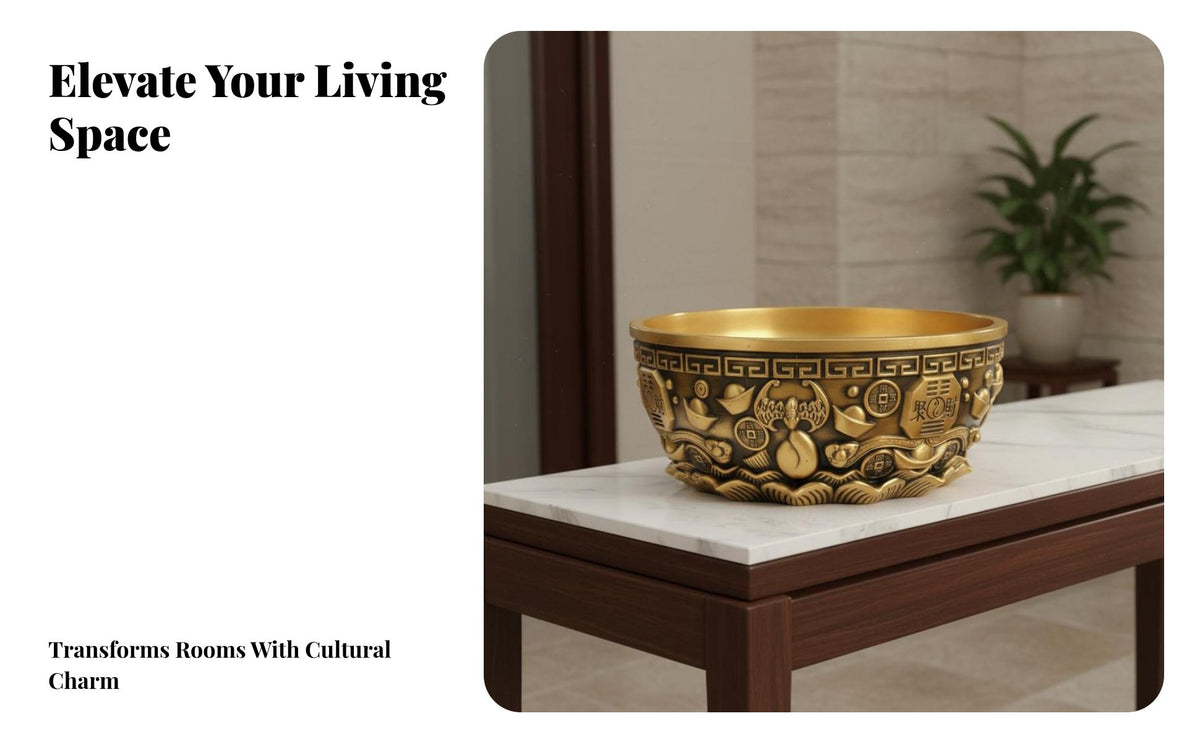 Traditional Classic Design Brass Treasure Basin Fine Workmanship Brass Wealth Bowl Ideal Gift Wealth Currency Bowl Handmade Craft for Collectors, Business Owners, Homeowners, Living Room, Entrance Hall, Office, Study