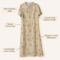 Women's Chinese Dress Midi Length with Three Quarter Sleeve for Summer, Cheongsam Style Flared Casual with Color Blocking and Patchwork Details