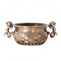 Brass Fortune Bowl Greek Key Border Mythical Lion Handle Bowl Wave Pattern