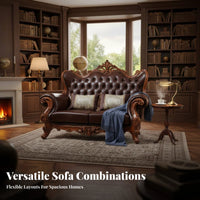 European Design Living Room Sofa Double-Sided Carving Ornate Solid Wood Sofa Elegant Design American Design Leather Couch for Hotel Owners, Adults