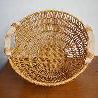 Rattan-Style Round Basket with Wooden Handle for Storage and Decoration