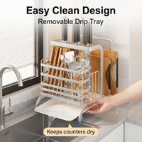 304 Stainless Steel Utensil Holder, Kitchen Organizer for Countertop, Multi-functional Space Saving Rack with Pot Lid & Chopstick Holder