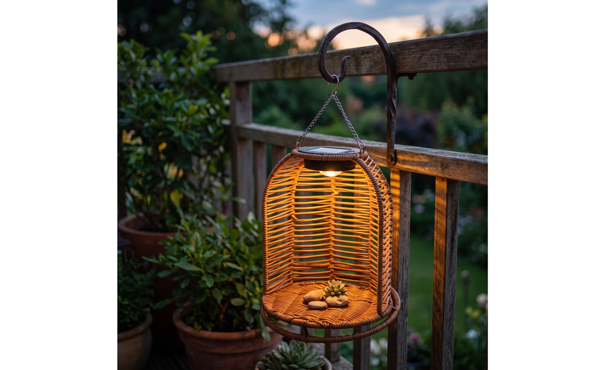 Rattan Lantern with Plant Holder Woven Hanging Solar Ambient Solar Lantern for Patio, Yard, Balcony
