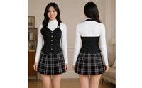 Pleated Cosplay Outfit with Vest Layered Cosplay Costume High-Neck School Outfit Sleeveless for Cosplayers