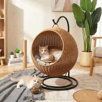 Hanging Cat Bed with Rocking Stand, Imitation Rattan Basket Cat Hammock, Modern Indoor Nest for Pets, Washable Cat Bed Cushion, Single Level