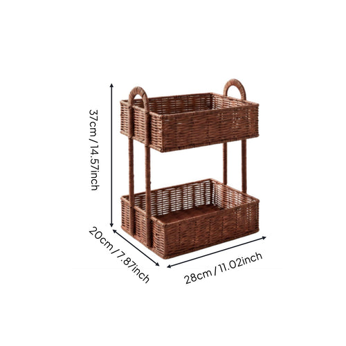 Rattan Basket Shelf Waterproof 2 Tier Washroom Storage Basket Easy to Clean Storage Rack for Kitchen