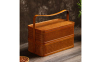 Bamboo Carry Box with Lid Handwoven Two-Tier Woven Basket Bamboo Basket with Handle Double-Layer Vintage-Style for Hosts