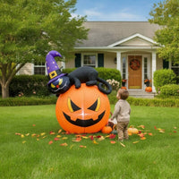 Lighted Black Cat with Witch Hat and Pumpkins Colorful Black Cat with Pumpkin Bright Halloween Decoration Family-Friendly for Garden