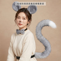 Handmade Plush Cartoon Mouse Ears and Tail Set with Headband
