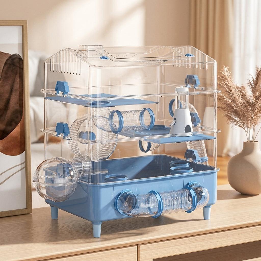 Large Hamster Cage for Hamsters, 2-Level Acrylic Syrian Hamster Cage with Tunnels, Full Transparent Rectangular Shape for Indoor Use, Detachable