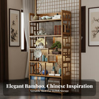 Multi-Tier Display Cabinet Heavy Duty Chinese Design Display Shelf Anti-Fall Side Panels Asymmetrical Room Divider Shelf for Tea Enthusiasts