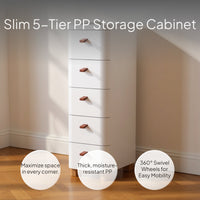 Slim 5-Drawer Storage Cabinet, PP Organizer, Narrow Design