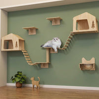 Climbing Shelves with Perch Stairs and Nest, Solid Wood Wall-Mounted Climbing Shelf for Indoor Cats, Double Layer Shelves Indoor to Play and Rest