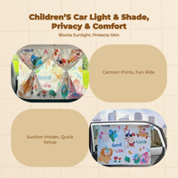 Car window sun and screen, retractable screen, sun protection, privacy, cartoon pattern, for babies and children, suction holder mount, universal fit