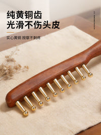 Pure Brass Long-Handle Massage Comb for Scalp and Head Meridian, Thick Wide Teeth, for Men and Women, Gold Silk Sandalwood Comb