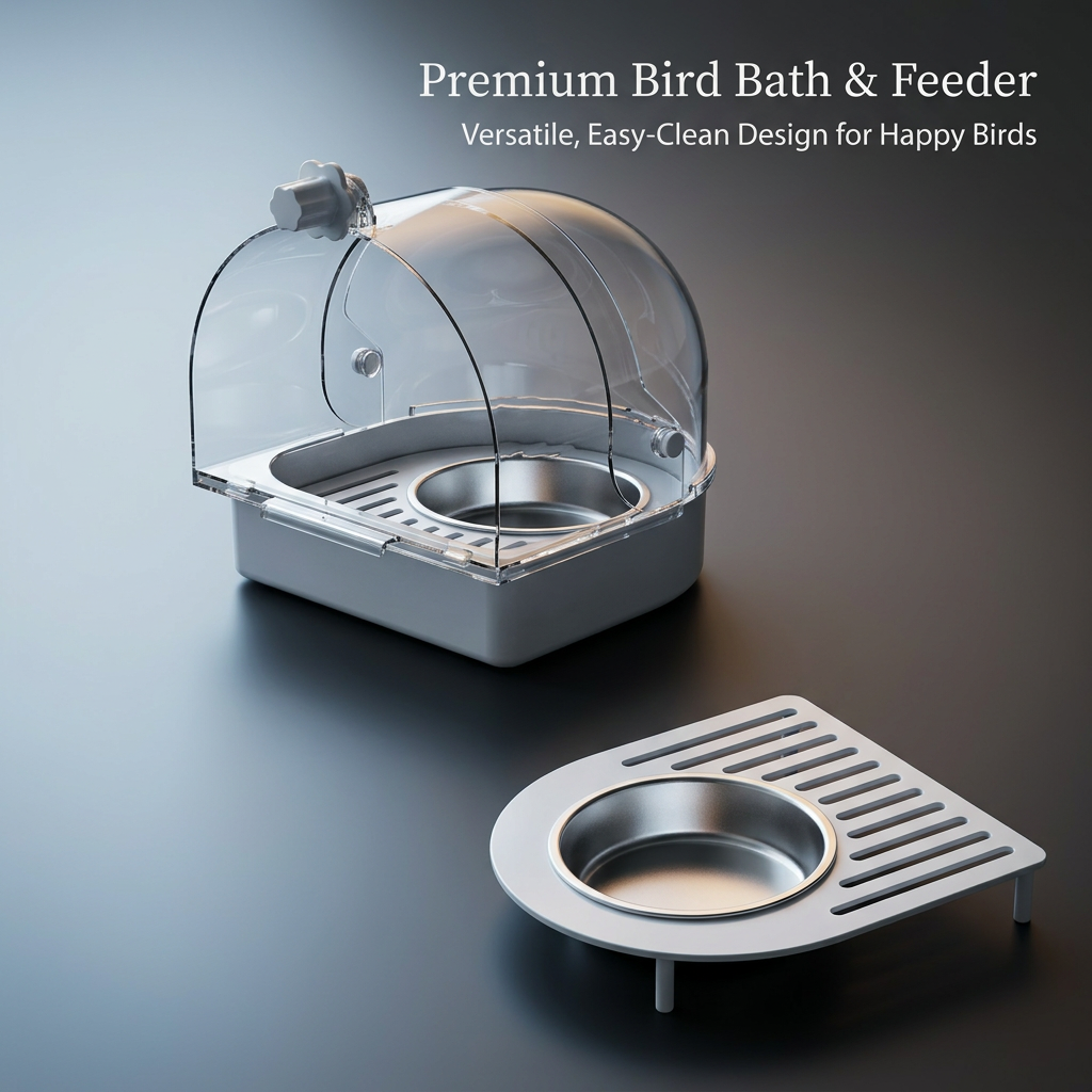 Hanging Bird Bath for Cage with Transparent Cover, External Basin for Parakeets and Parrots, Easy Clean Bowl, Large White Space Style