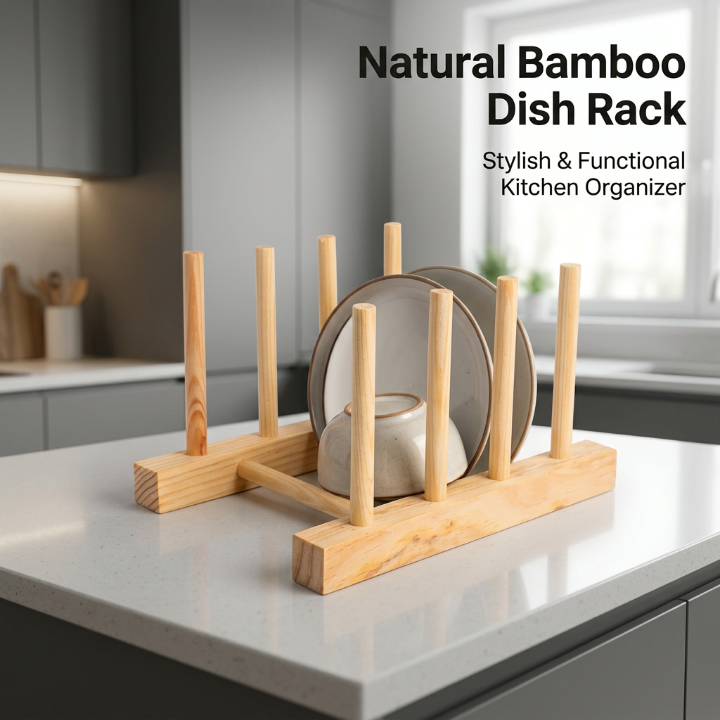 Wooden Dish Rack for Kitchen, Bamboo Plate Rack for Counter, Modern Minimalist Dish Stand, Kitchen Cabinet Organizer for Plates, Dish Drainer Bamboo