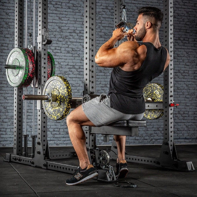 Adjustable Bench Seat for Squat Rack with Lat Pulldown and Fly Attachment