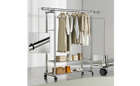 Adjustable Double Rod Clothes Rack Space-Saving Clothes Rack with Wheels Mobile Portable for Laundry Room, Entryway