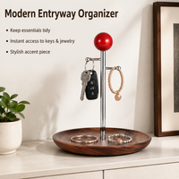 Luxury Wood Key Holder Catchall Tray, Desktop Key Organizer with Hooks, Valet Tray for Entryway Table, Small Item Organizer