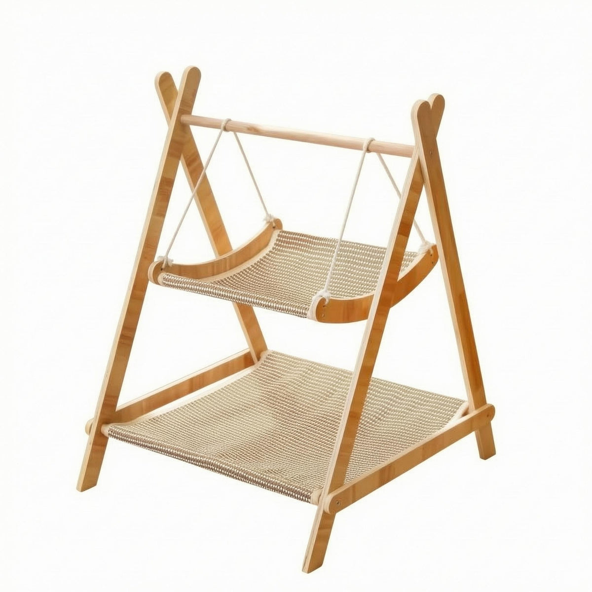 Wooden Stand Cat Hammock Swing Woven Textile Double Cat Hammock Bed Rope Hung Furniture for Indoors