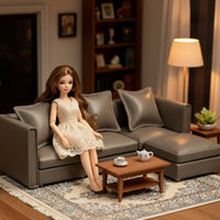 Miniature Sofa with Ottoman Faux-Leather Miniature Corner Sofa Modern Dollhouse Couch with Ottoman for Collectors