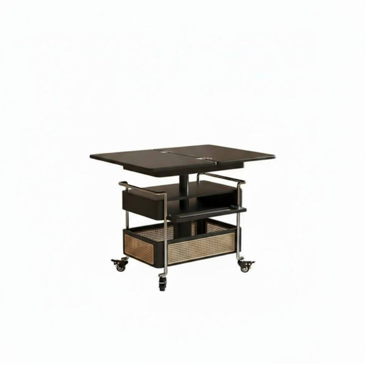 dual-level Bar Trolley Rattan Accent Side Table Foldable Design Vintage design for Homeowners, Bedroom
