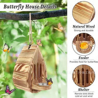 Wooden Wall-Mounted Butterfly House with Feeder for Garden and Patio