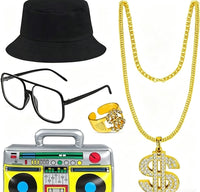 Hip Hop Gold Necklace Bracelet Black Bucket Hat Sunglasses Dollar Ring Party Costume Set