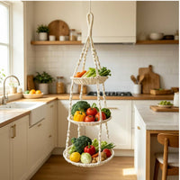 Three Tier Hanging Basket Decorative Cotton Rope Fruit Basket Large Capacity
