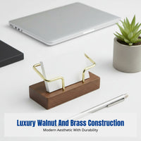 Walnut Business Card Holder, Brass Desktop Organizer, Office Card Stand