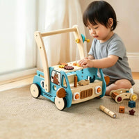 Shape-Sorting Wagon Pusher Multifunction Wooden Push Pusher Non-Slip Wheels