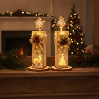 2 Pieces Rustic Wooden Christmas Light Warm-Glowing Christmas Light with Star Topper Lighted Table Decoration Decorative for Tabletop, Mantel
